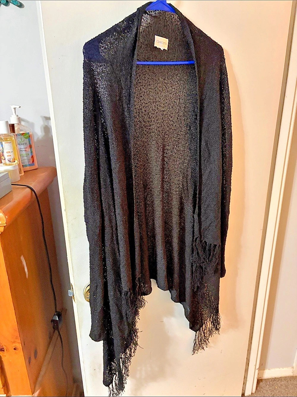 Chico's Black Fringe Open Front Shrug